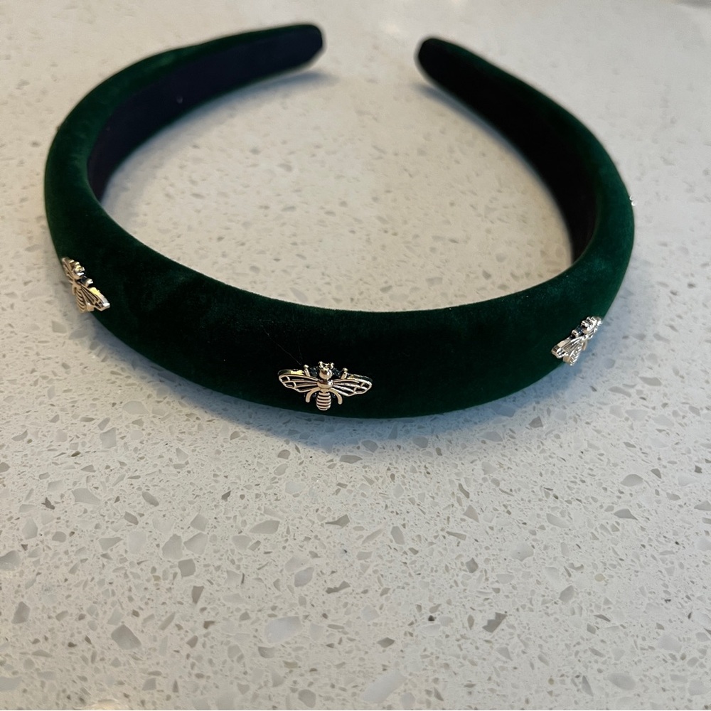 Elegant Green Velvet Headband with Gold Bee Accents - Picture 5 of 11